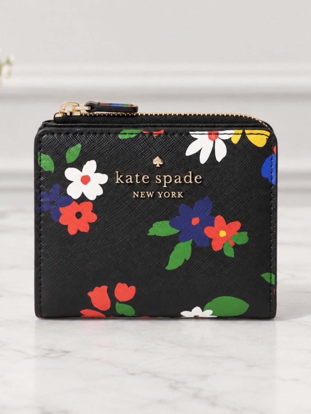 Kate Spade Floral Compact Snap Wallet Black Multicolor Zip Coin Pocket